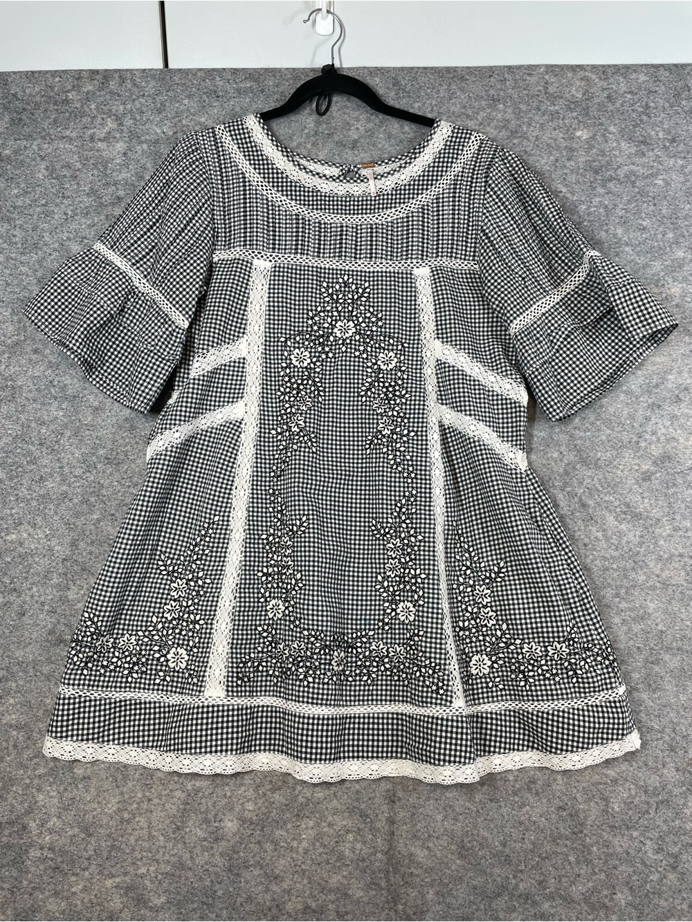 Free People Gingham Embroidered Mini Dress XS Black White Boho Cottagecore